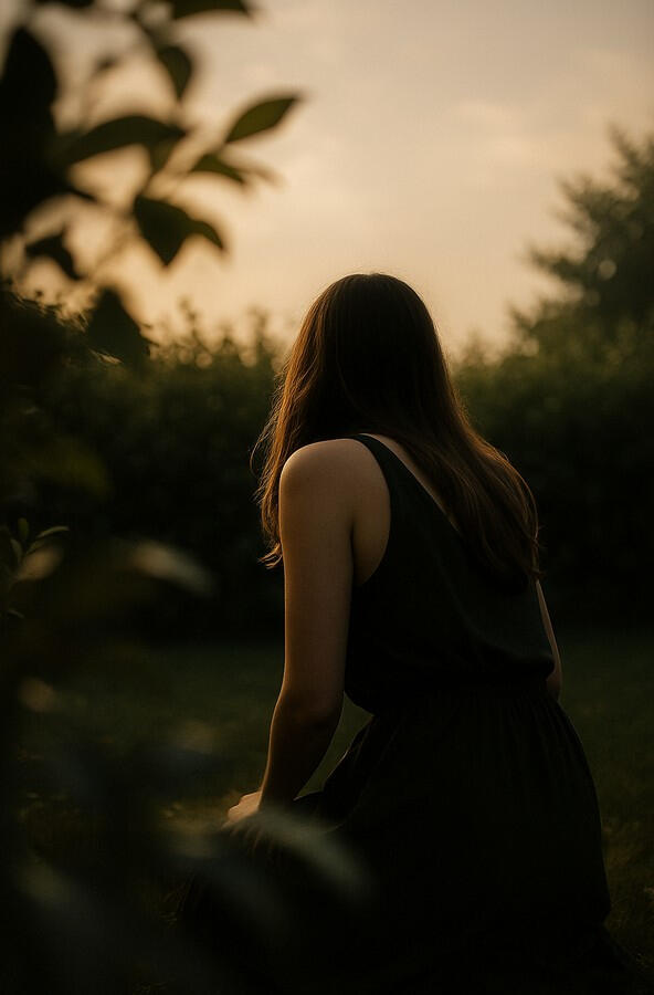 Submissive Stillness – Visual Motif of Exposure and Obedience A woman kneels alone in a quiet field at dusk, evoking themes of voyeurism, emotional surrender, and erotic silence